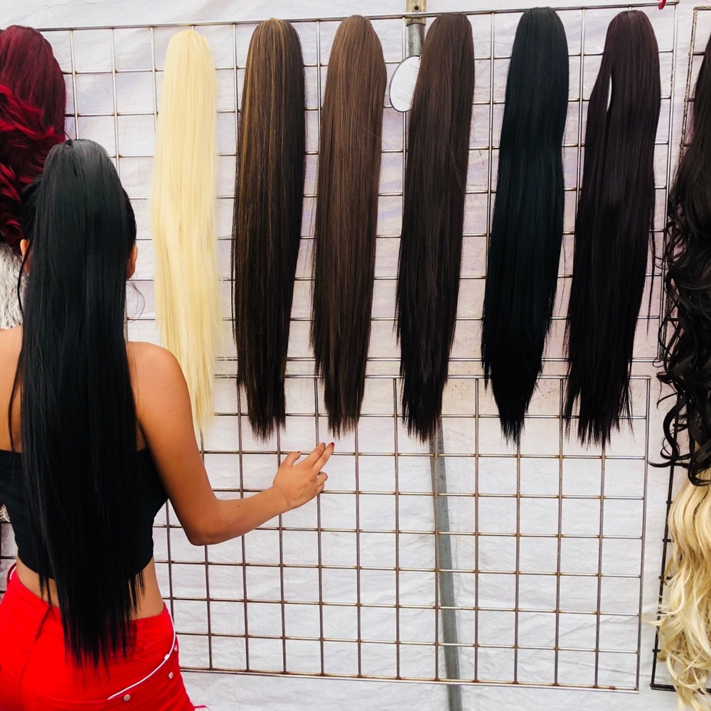 1 Jet Black Bone Straight Ponytail Clip on Hair